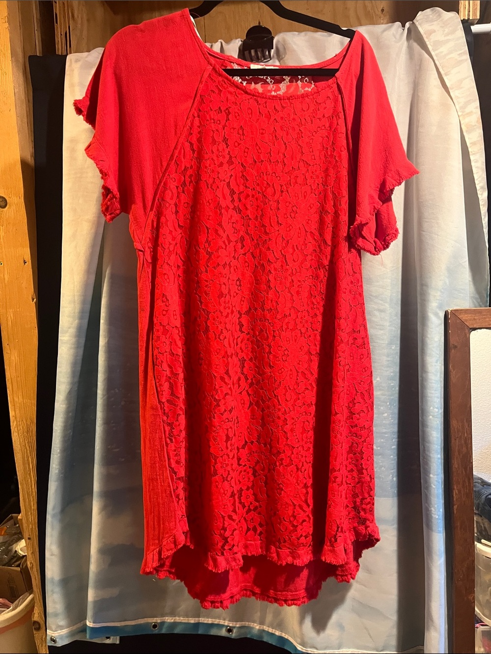 Umgee Bright Red Lace-Front Short Sleeve Midi Dress